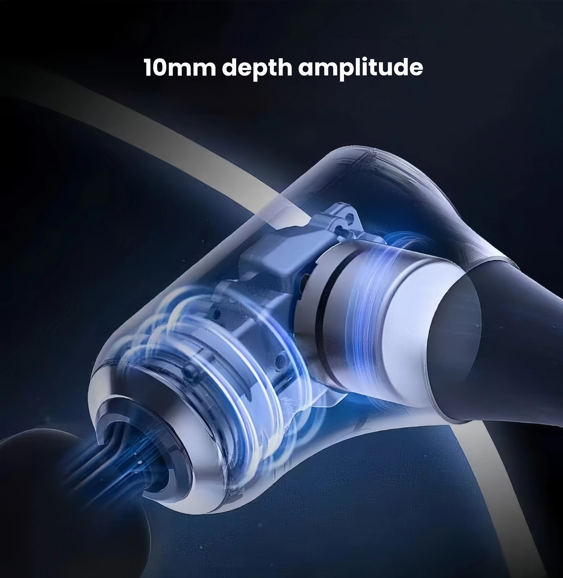 Animated view of the Philips massage gun's motor mechanism showing 10mm depth amplitude. The high-efficiency oscillation delivers deep muscle relief with minimal surface pressure.