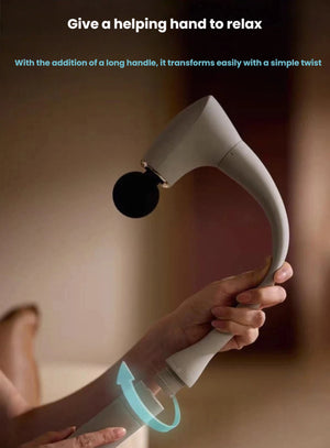 A person attaches the long handle to the Philips massage gun with a simple twist, transforming it into a hands-free massager. Ideal for targeting hard-to-reach areas like back and shoulders without assistance.