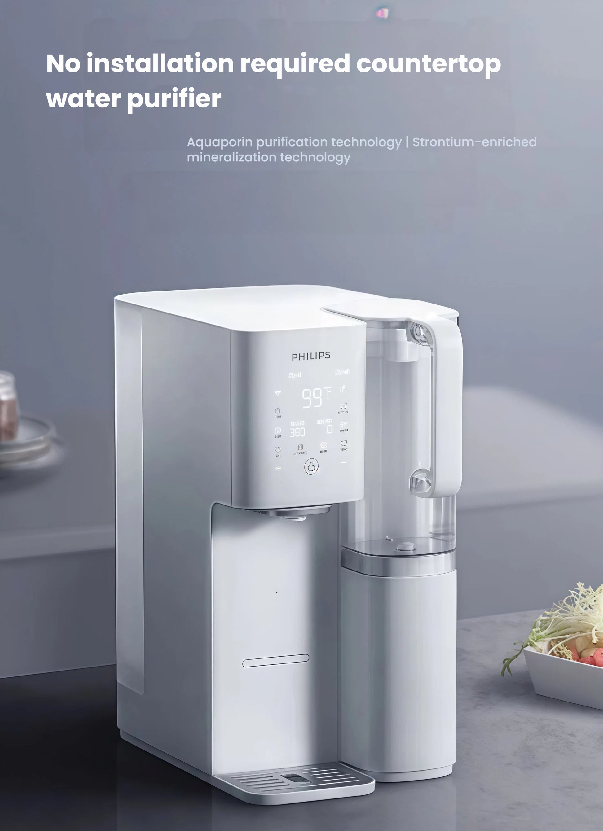 The sleek white Philips desktop drinking water machine sitting on a modern kitchen counter, showcasing its convenient no-installation design and advanced Aquaporin purification technology.