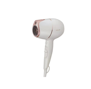 White and rose gold Philips Prestige hair dryer with sleek design, ergonomic grip, and professional-grade performance for fast, healthy hair drying.