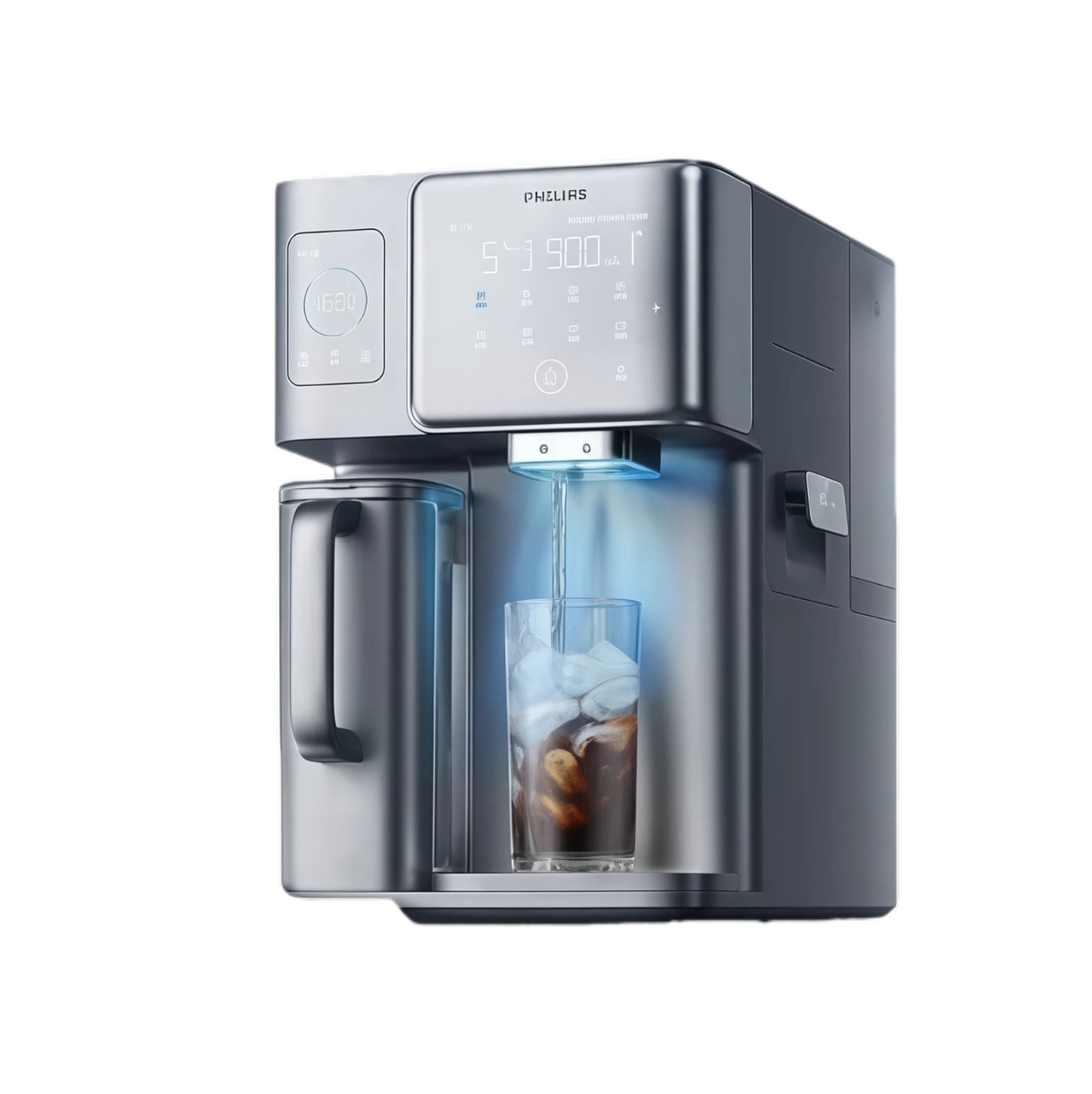  The Philips Reverse Osmosis Water Station in action, dispensing freshly purified cold water into a glass of iced coffee, with its internal blue light illuminating the stream.
