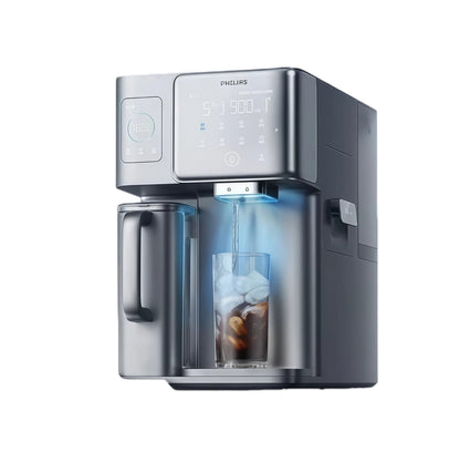  The Philips Reverse Osmosis Water Station in action, dispensing freshly purified cold water into a glass of iced coffee, with its internal blue light illuminating the stream.