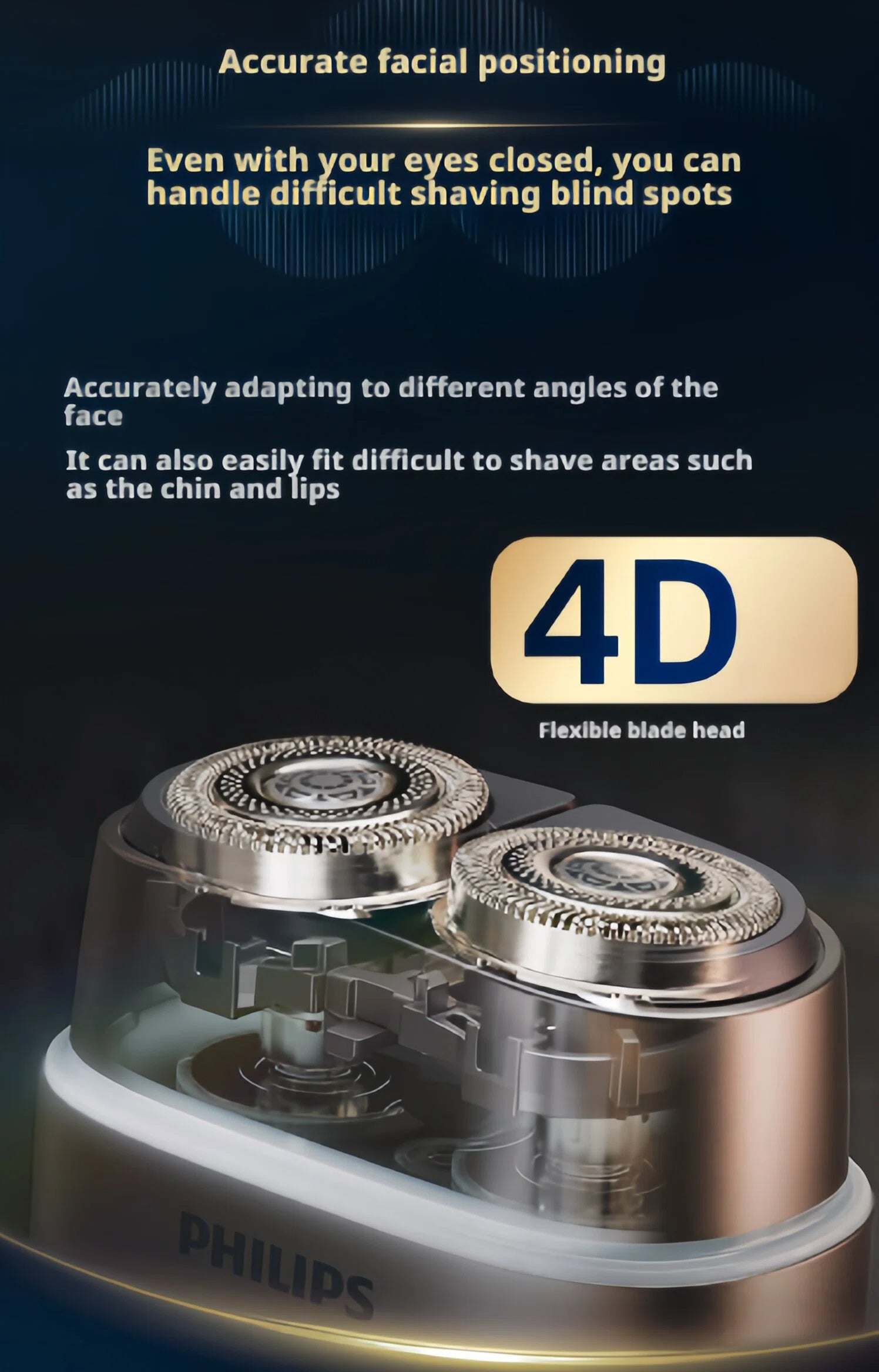 Philips Series 700 S792's 4D flexible blade head for accurate facial positioning and efficient shaving of difficult areas.