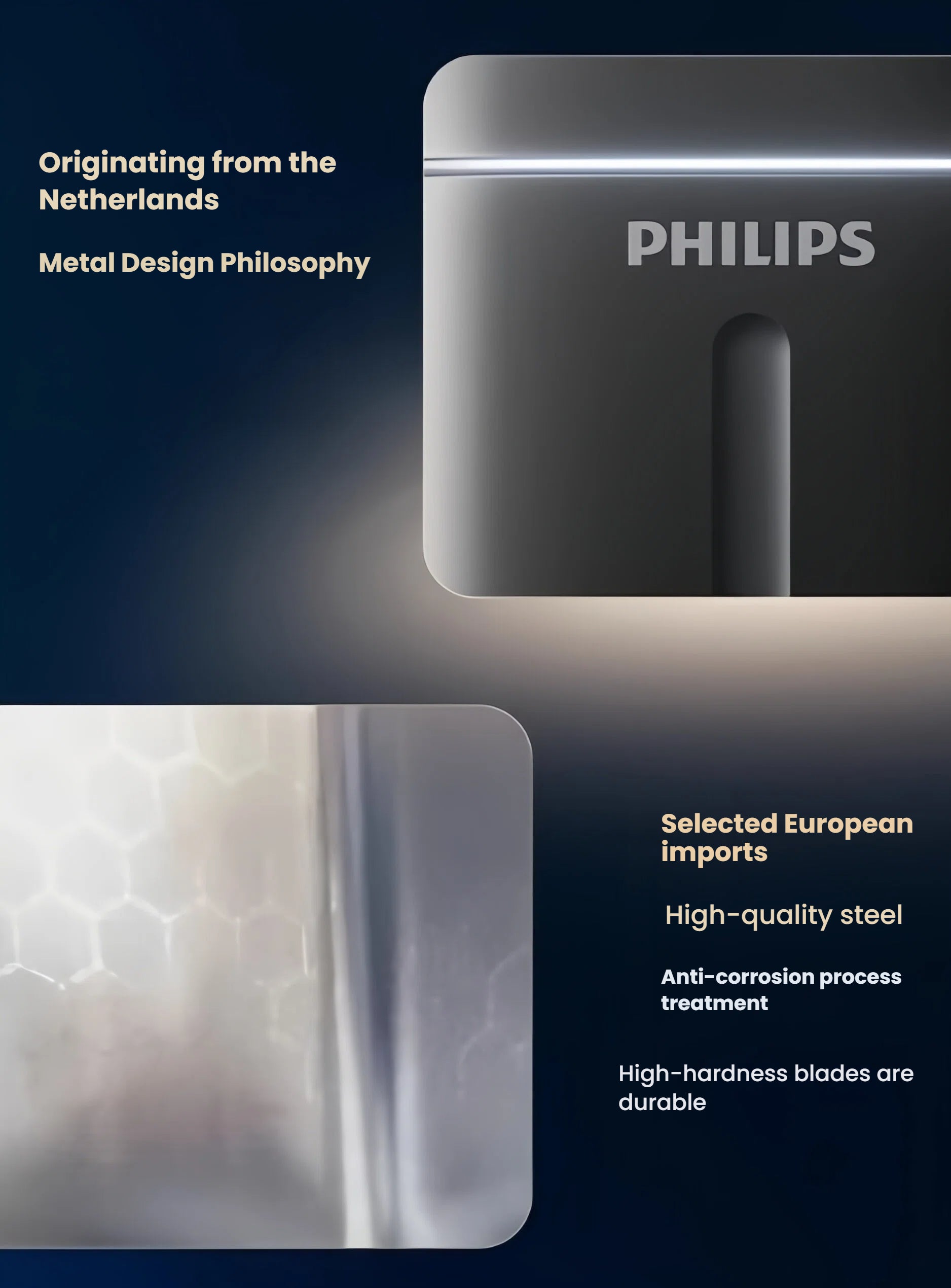 Philips Series 700 S792 emphasizing its metal design originating from the Netherlands with high-quality steel and anti-corrosion treatment.