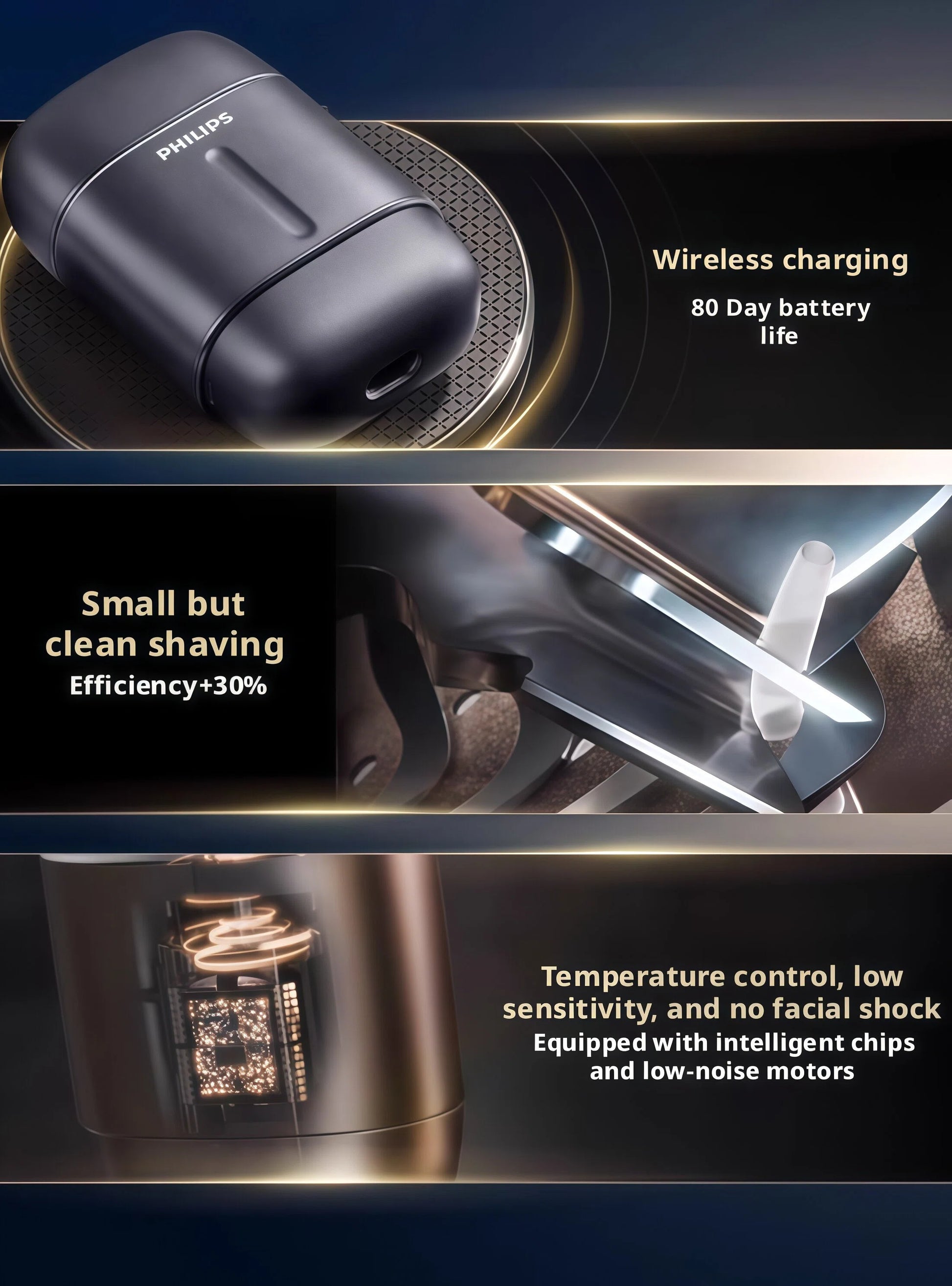 Philips Series 700 S792 highlighting wireless charging, 80-day battery life, and improved shaving efficiency.