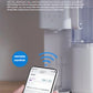 The Philips desktop water purifier being controlled via a smartphone, demonstrating the ClearSmart WiFi app for remote customization of water temperature, volume, and filter life monitoring.