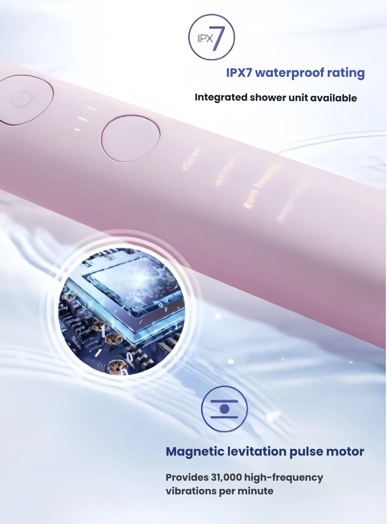 A close-up showcasing the advanced technology of the Philips Sonicare DiamondClean 9000, highlighting its IPX7 waterproof rating and the powerful magnetic levitation motor that delivers 31,000 vibrations per minute.