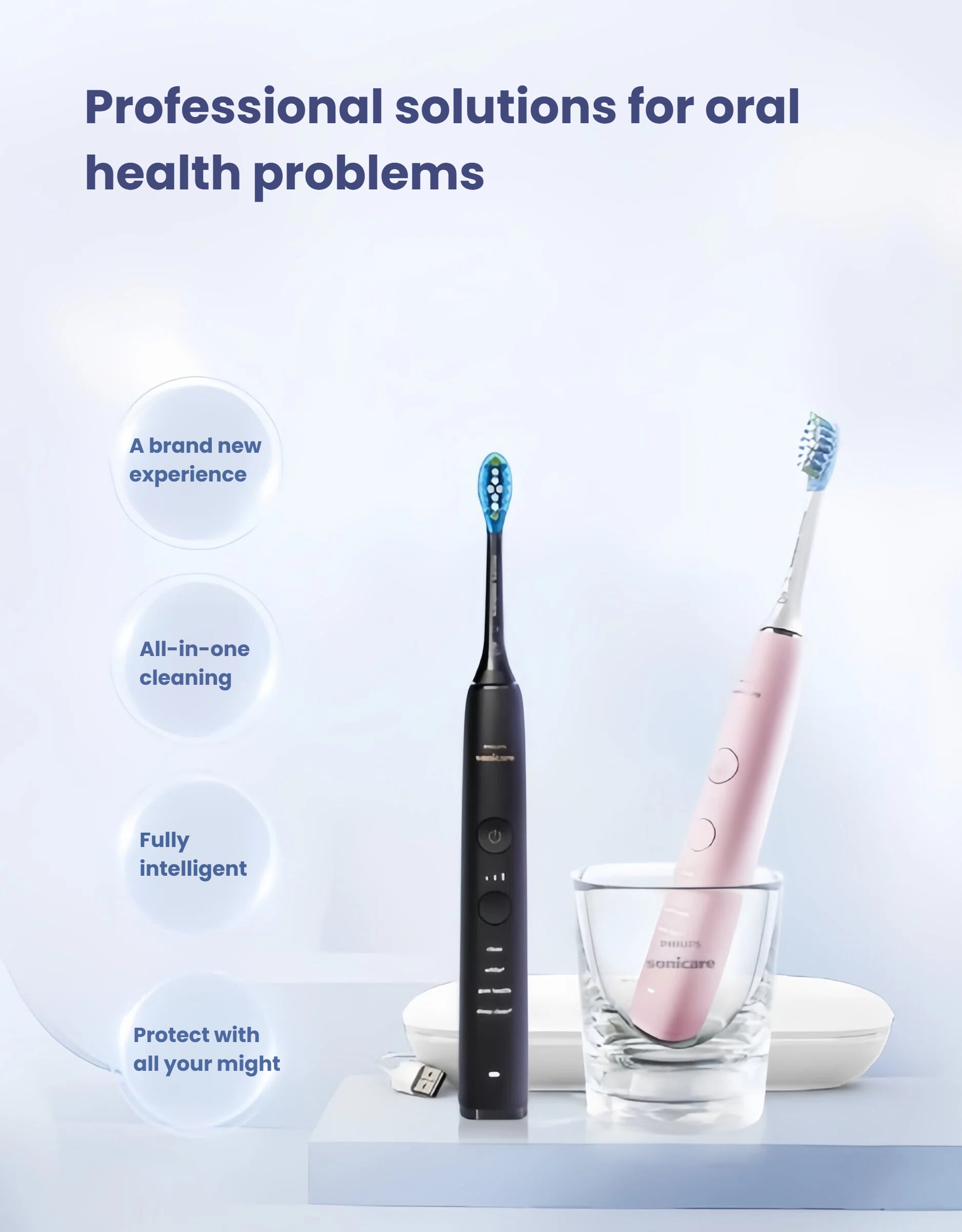 The Philips Sonicare DiamondClean 9000 bundle, featuring both the black and pink toothbrush models, illustrating its promise of an intelligent, all-in-one cleaning experience for professional oral health.
