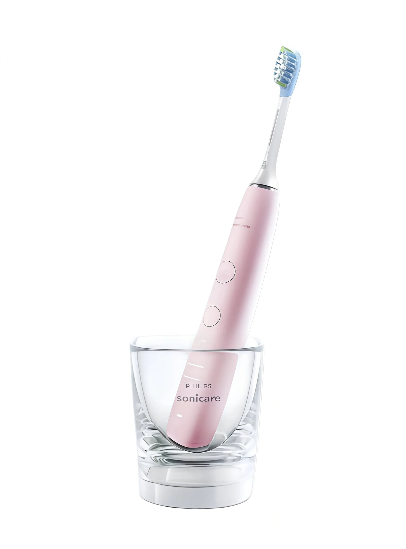 The stylish pink Philips Sonicare DiamondClean 9000 electric toothbrush standing elegantly in its signature glass charger on a clean, white background.