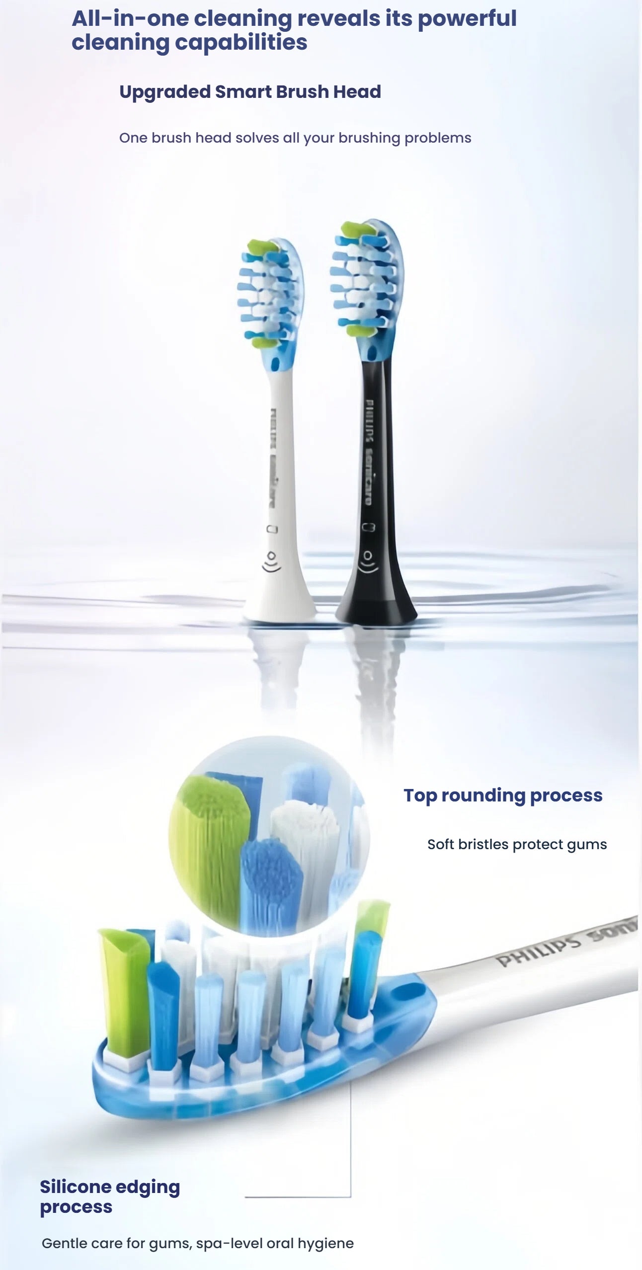 A detailed view of the Philips Sonicare smart brush heads, showing the soft, top-rounded bristles and silicone edging designed for gentle gum care and a powerful, all-in-one cleaning performance.