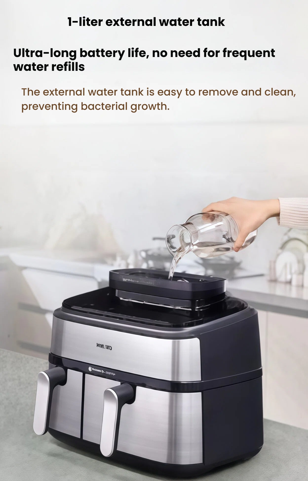 A user easily refilling the 1-liter external water tank of the Philips 5000 Series Airfryer, showcasing its convenient design for the steam cooking function.