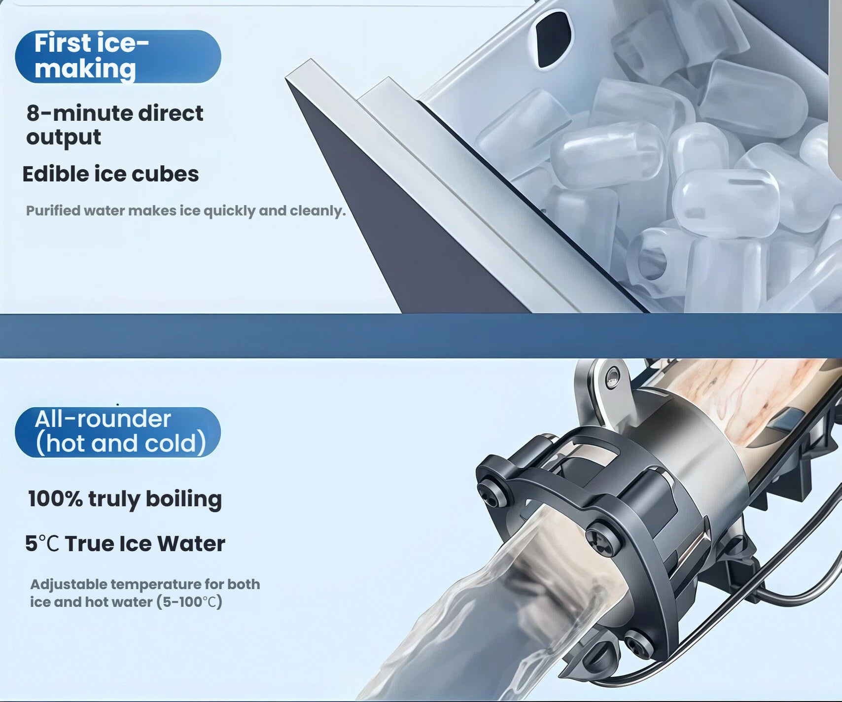 A detailed look at the Philips Water Station's technology, showcasing its ability to produce edible ice cubes from purified water in just 8 minutes and dispense both 100% boiling water and 5°C true ice water.