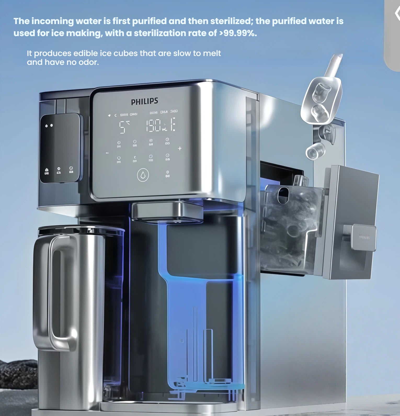 A technical cutaway of the Philips Water Station that demonstrates its advanced purification and sterilization process, ensuring the water used for ice making is over 99.99% sterilized for clean, slow-melting, and odor-free ice.