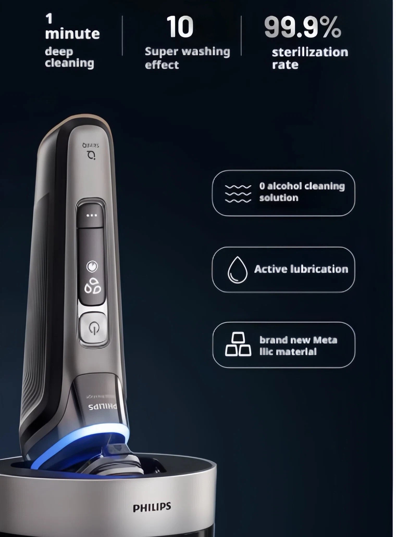 Philips i9000 Prestige Shaver XP9202's cleaning and sterilization features, offering 1-minute deep cleaning, 10x super washing effect, and 99.9% sterilization rate.