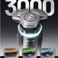 Philips i9000 Prestige Shaver XP9202 with sensing technology that adjusts to shaving pressure, shown with red, green, and blue light indicators.