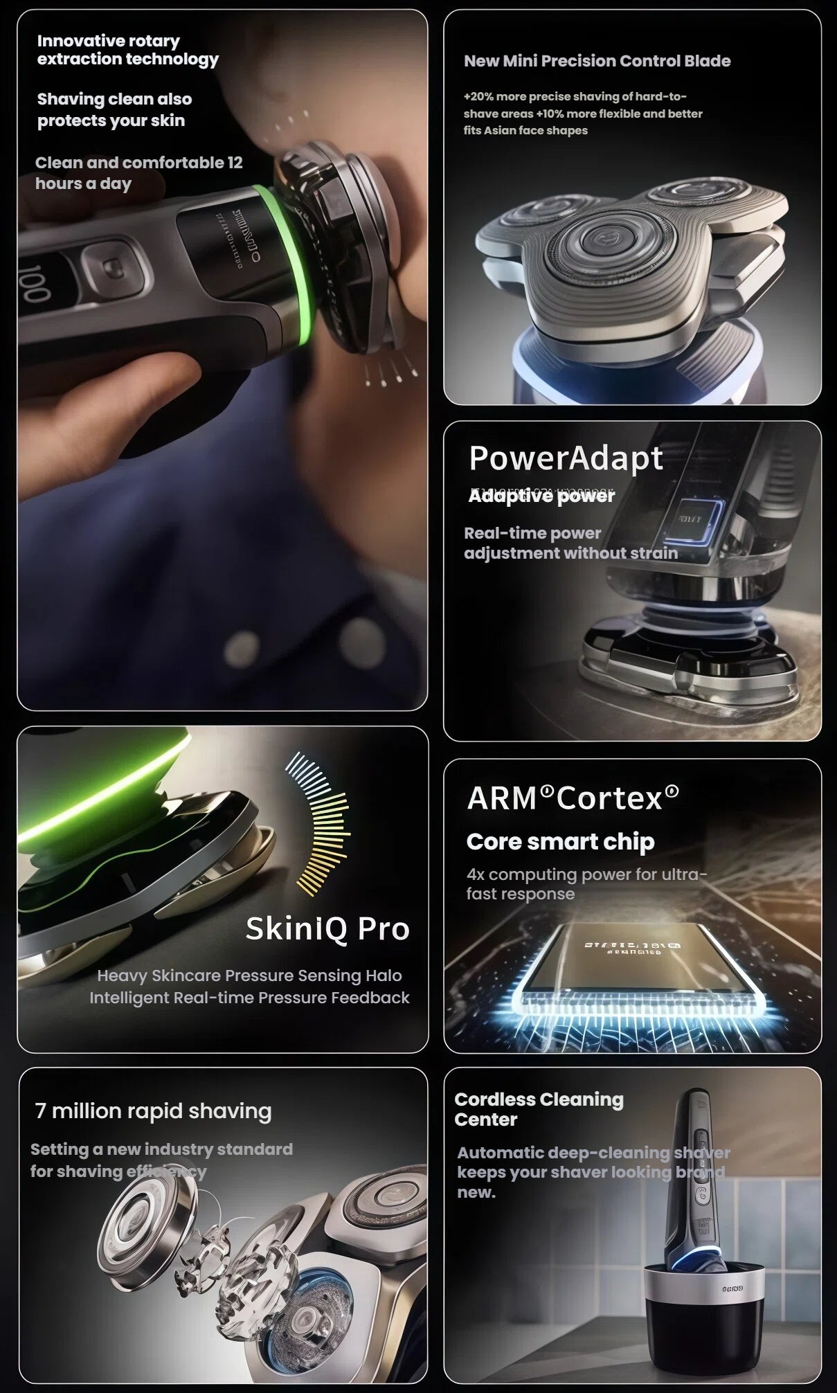 Key features of the Philips i9000 Prestige Shaver XP9202, including rotary extraction technology, precision control blade, and adaptive power.