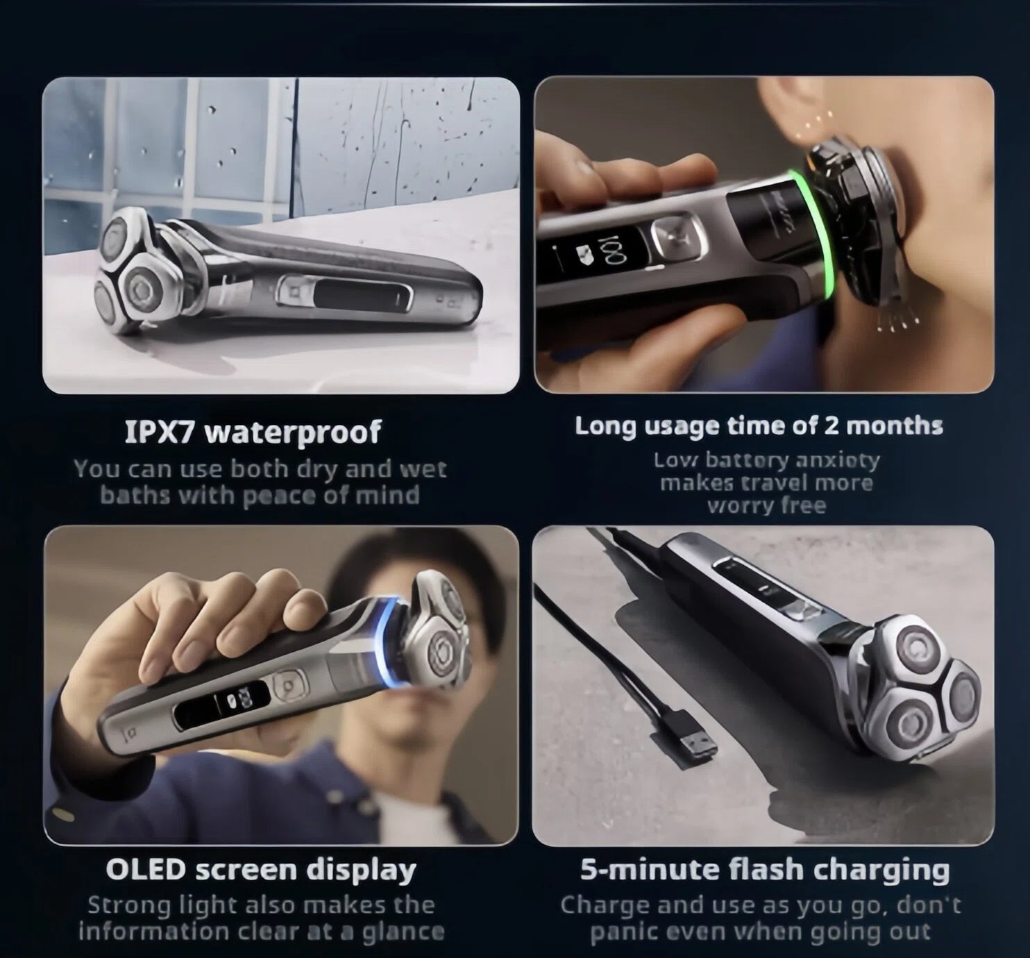 Philips i9000 Prestige Shaver XP9202's IPX7 waterproof rating, long battery life, OLED screen display, and 5-minute flash charging capabilities.