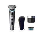 Philips Series i9000 Prestige Electric Shaver XP9202 displayed with its charging dock, cleaning brush, and cleaning solution.