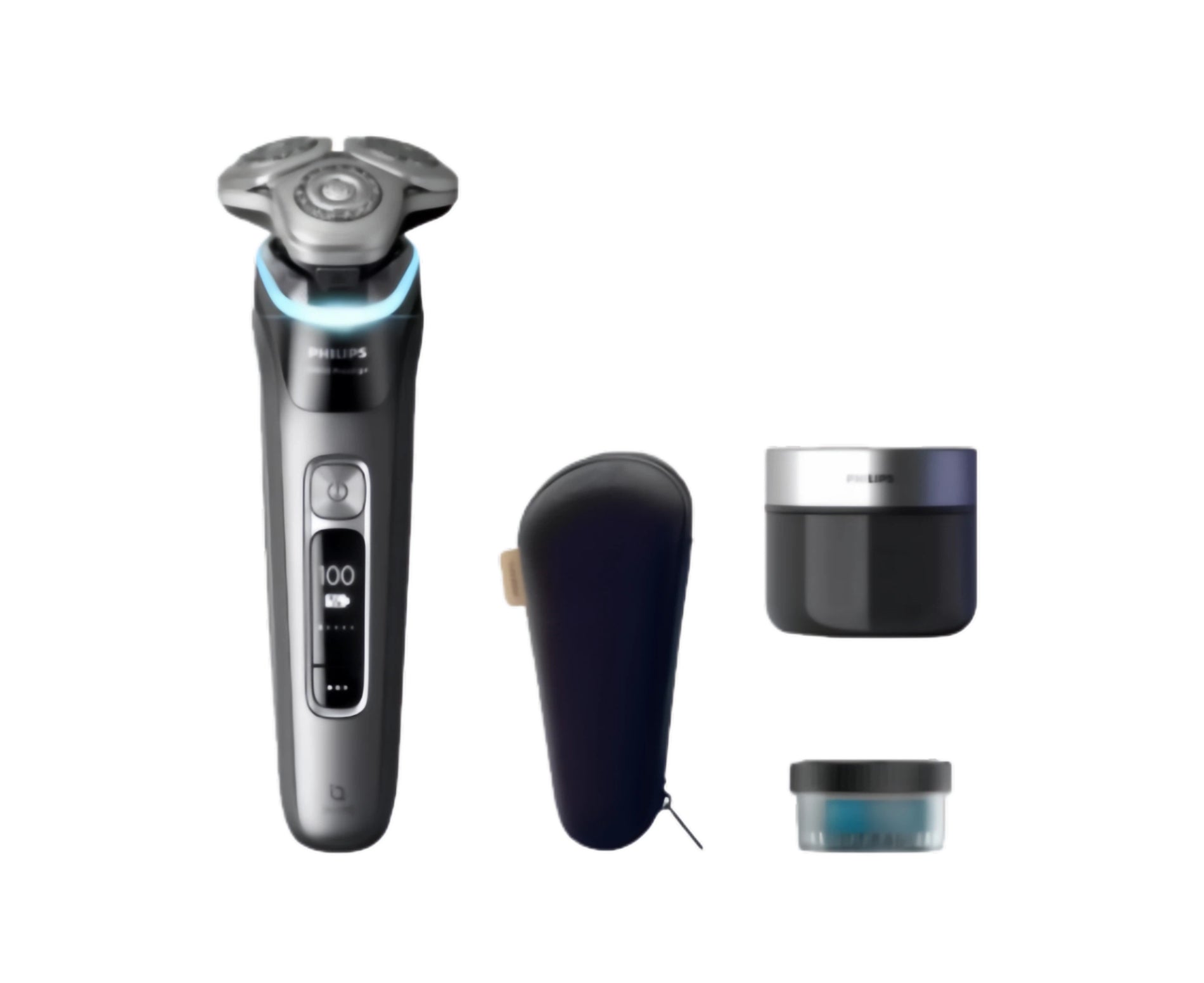 Philips Series i9000 Prestige Electric Shaver XP9202 displayed with its charging dock, cleaning brush, and cleaning solution.