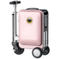 A pink Airwheel SE3S smart suitcase with an integrated handlebar and wheels, designed for riding. The suitcase features the Airwheel logo on the front and is equipped with a compact electric motor for easy mobility