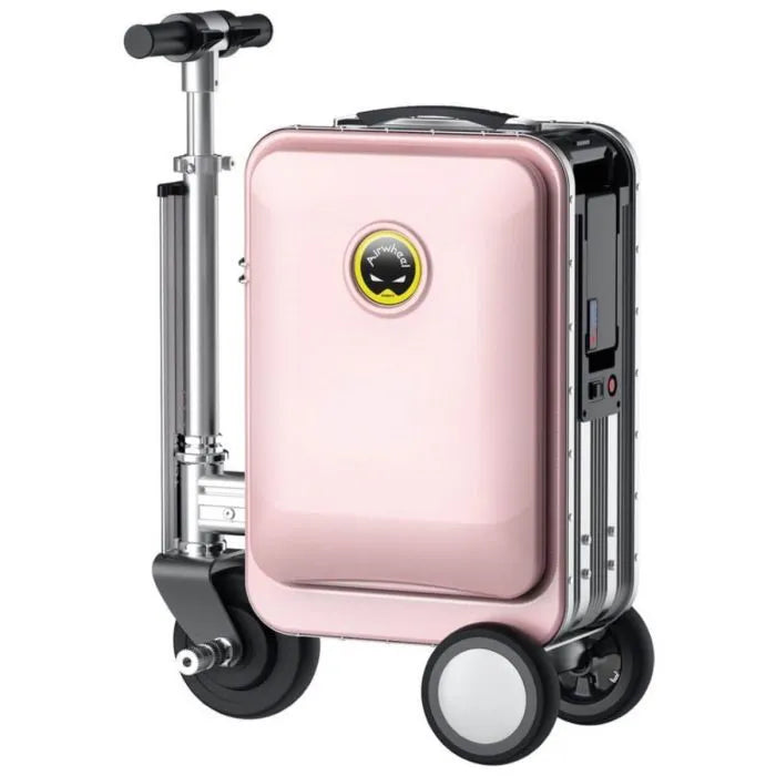 A pink Airwheel SE3S smart suitcase with an integrated handlebar and wheels, designed for riding. The suitcase features the Airwheel logo on the front and is equipped with a compact electric motor for easy mobility