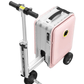 A pink Airwheel SE3S smart suitcase with an integrated handlebar and wheels, designed for riding. The suitcase features the Airwheel logo on the front and is equipped with a compact electric motor for easy mobility