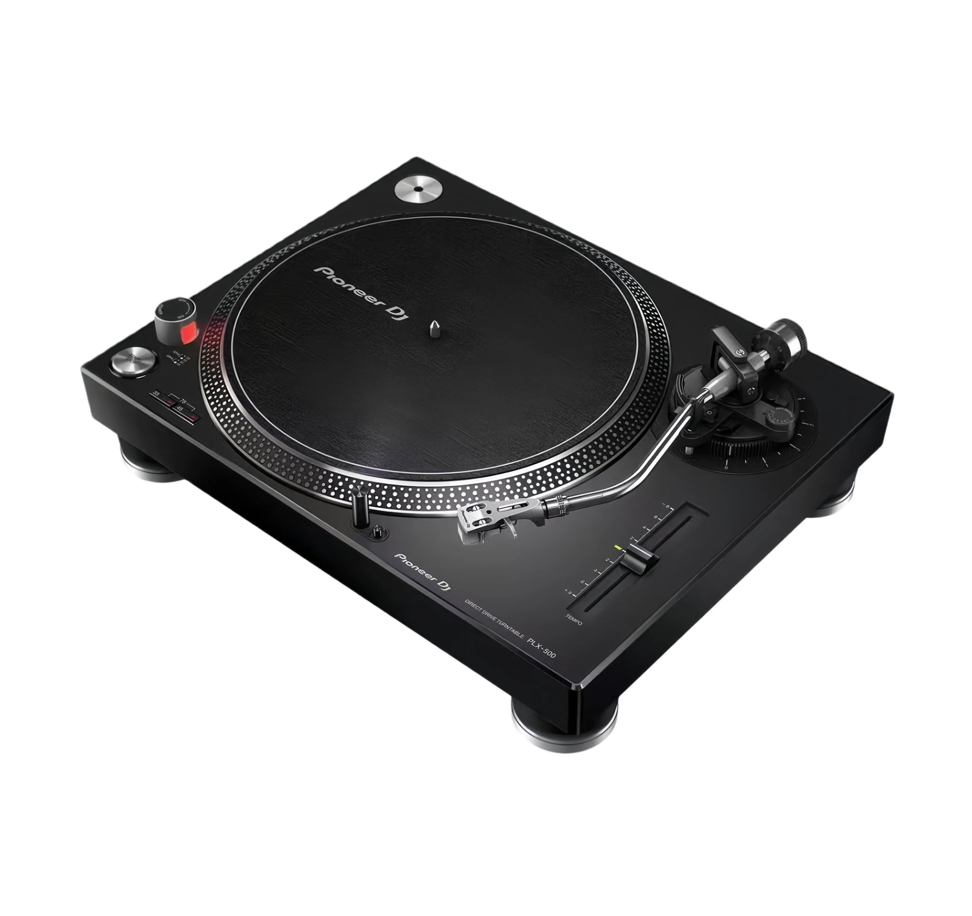 Angled front view of black Pioneer PLX-500 direct-drive turntable with brushed-metal accents.