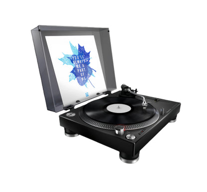  Black Pioneer PLX-500 direct-drive DJ turntable with clear dust-cover open, playing a vinyl record.