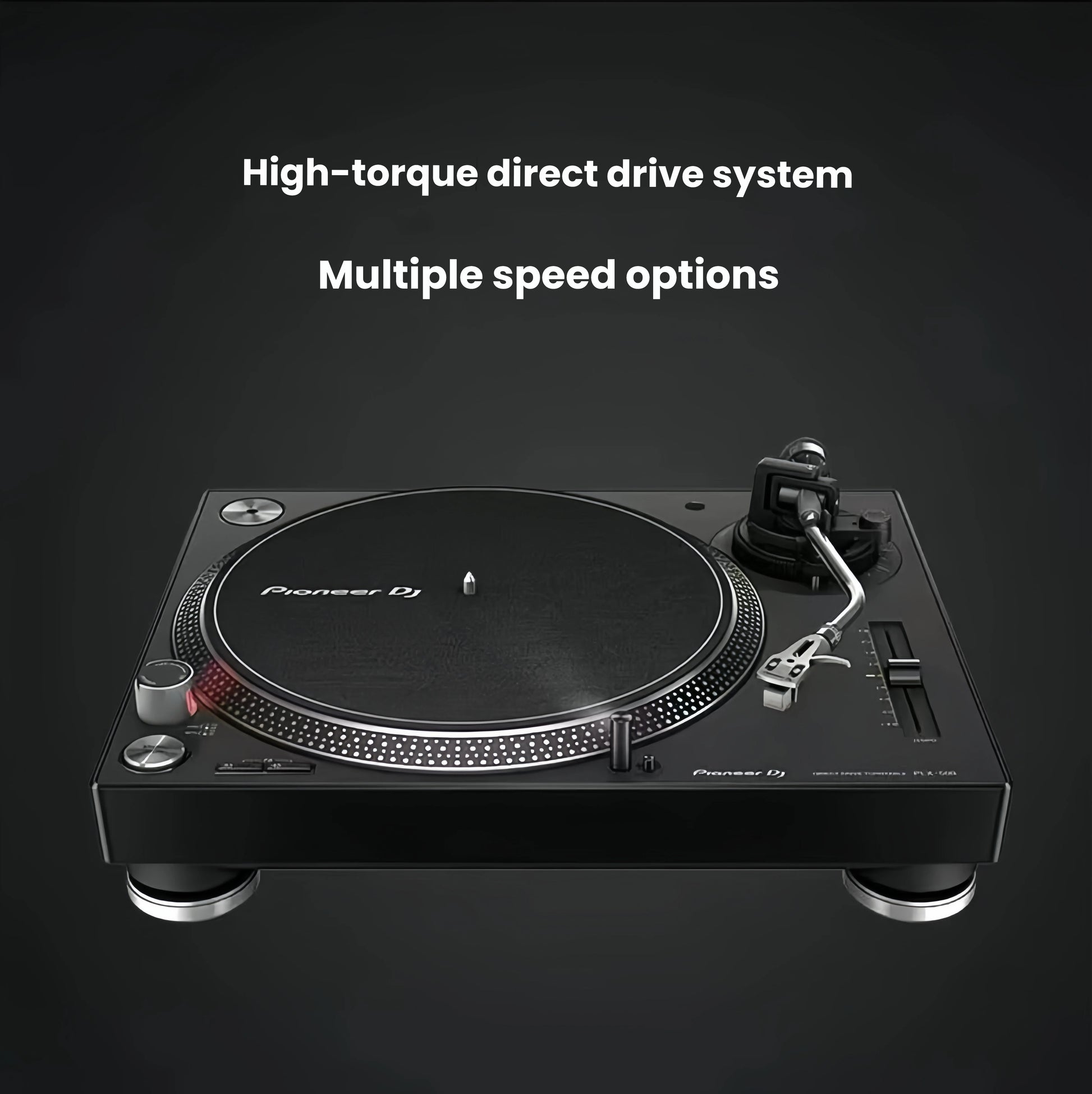 Close-up of Pioneer PLX-500 platter and pitch control, showcasing high-torque direct-drive motor with 33/45 RPM.