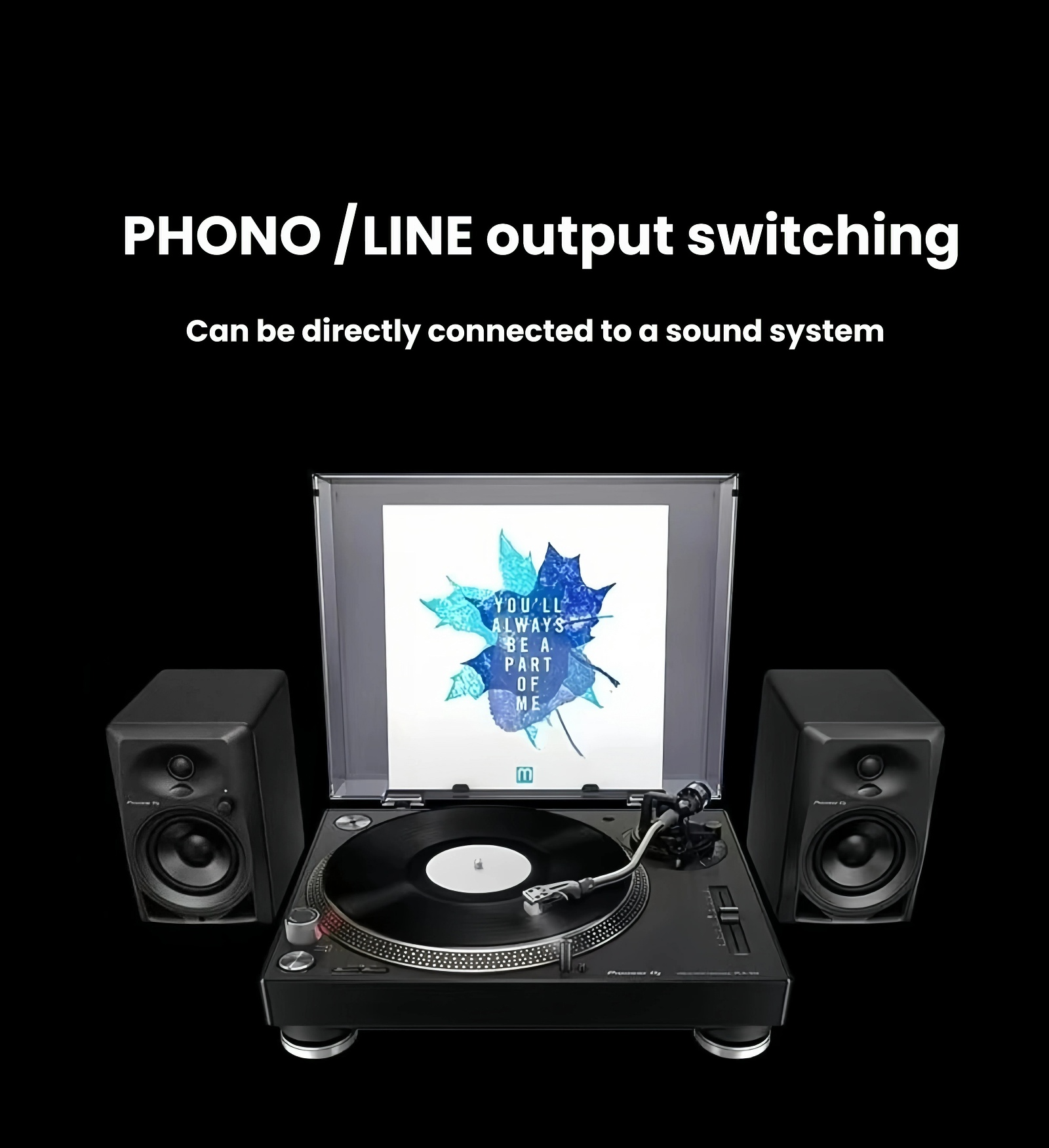 Pioneer PLX-500 connected to two active speakers via phono/line output, demonstrating plug-and-play setup.