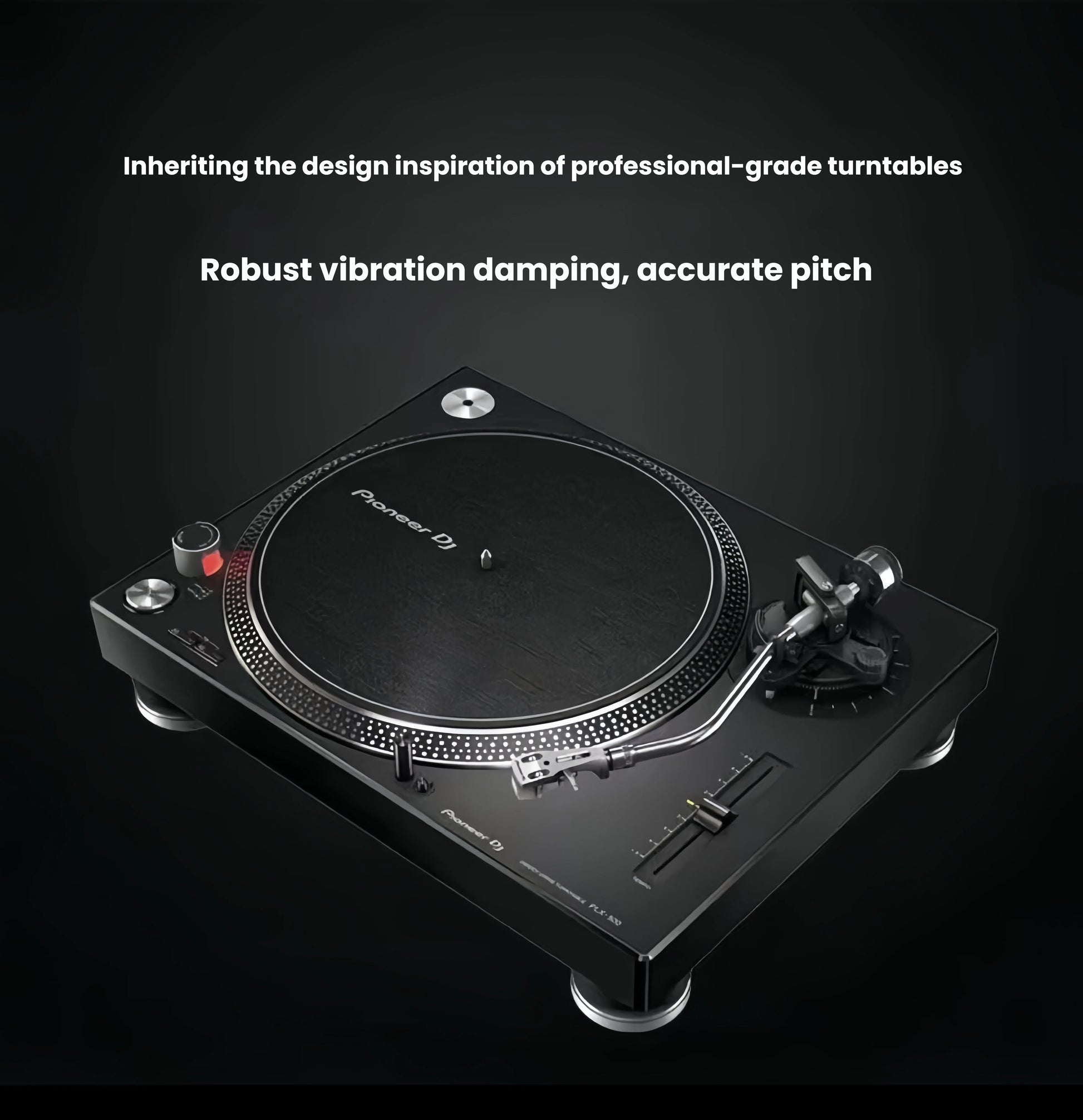 Studio shot of Pioneer PLX-500 turntable emphasizing professional-grade vibration damping and accurate pitch control.