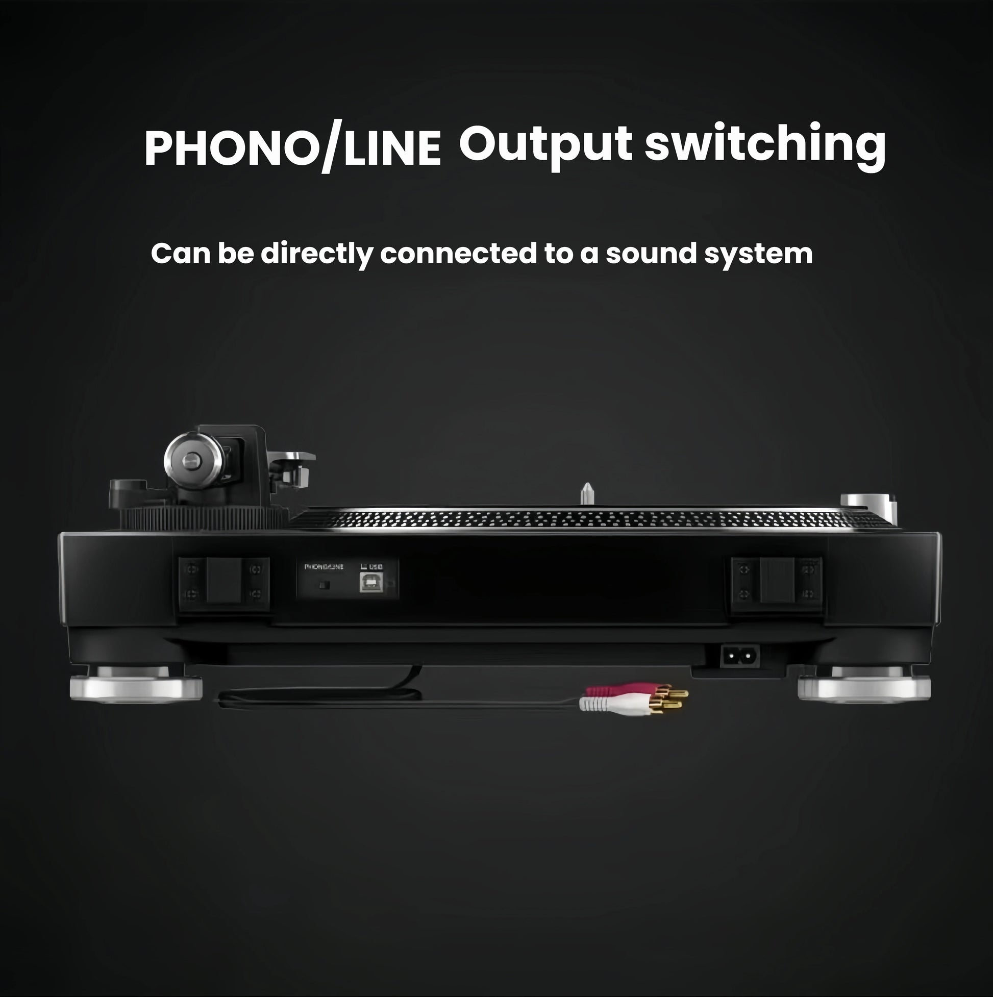 Rear view of Pioneer PLX-500 turntable displaying phono/line switch, RCA outputs, and USB port for digital ripping.