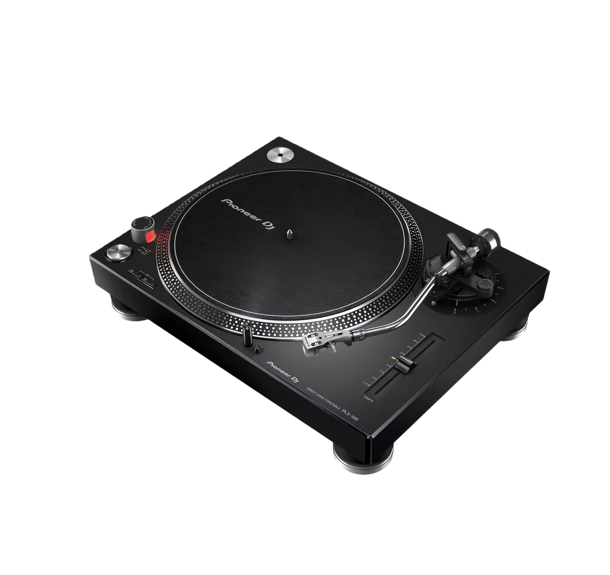 Side-angle view of Pioneer PLX-500 highlighting robust chassis and anti-vibration feet.
