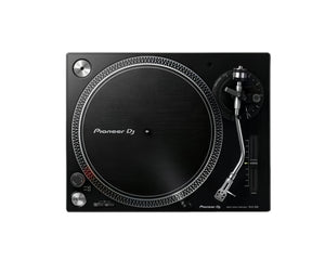  Overhead shot of Pioneer PLX-500 DJ turntable showing platter, tone-arm, and pitch fader.
