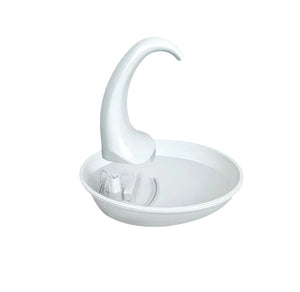 Pioneer Pet swan drinking water fountain in white — a sleek, curved ceramic pet water dispenser with automatic circulation and built-in pump for cats and dogs