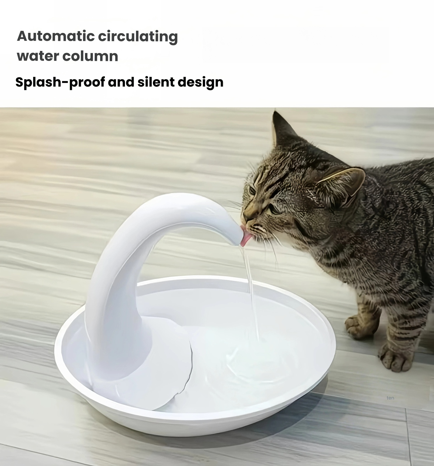 Tabby cat drinking from Pioneer Pet swan water fountain — automatic circulating water column with silent, splash-proof design for cats and small dogs