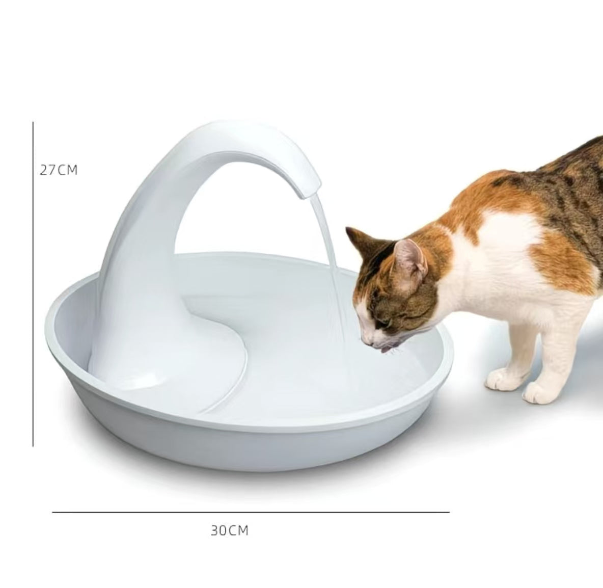 Pioneer Pet swan drinking water fountain with dimensions: 27cm height and 30cm width — compact size fits easily on kitchen counters or floors for cats and dogs