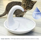 Cat drinking from Pioneer Pet swan water fountain with 2.36L capacity — large reservoir provides fresh water for 2–3 days without refilling