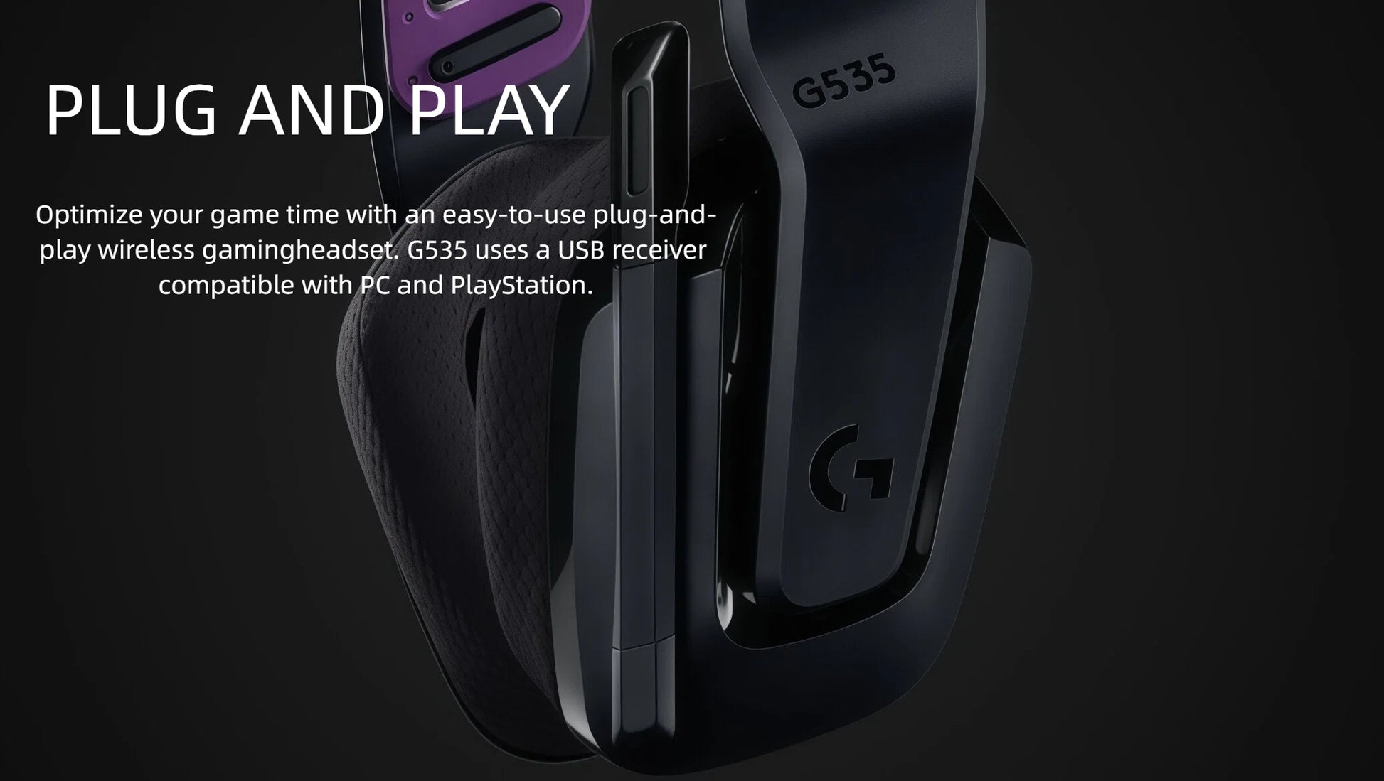 Macro view of the G535’s USB receiver port, highlighting instant wireless connectivity for PC and PlayStation consoles.