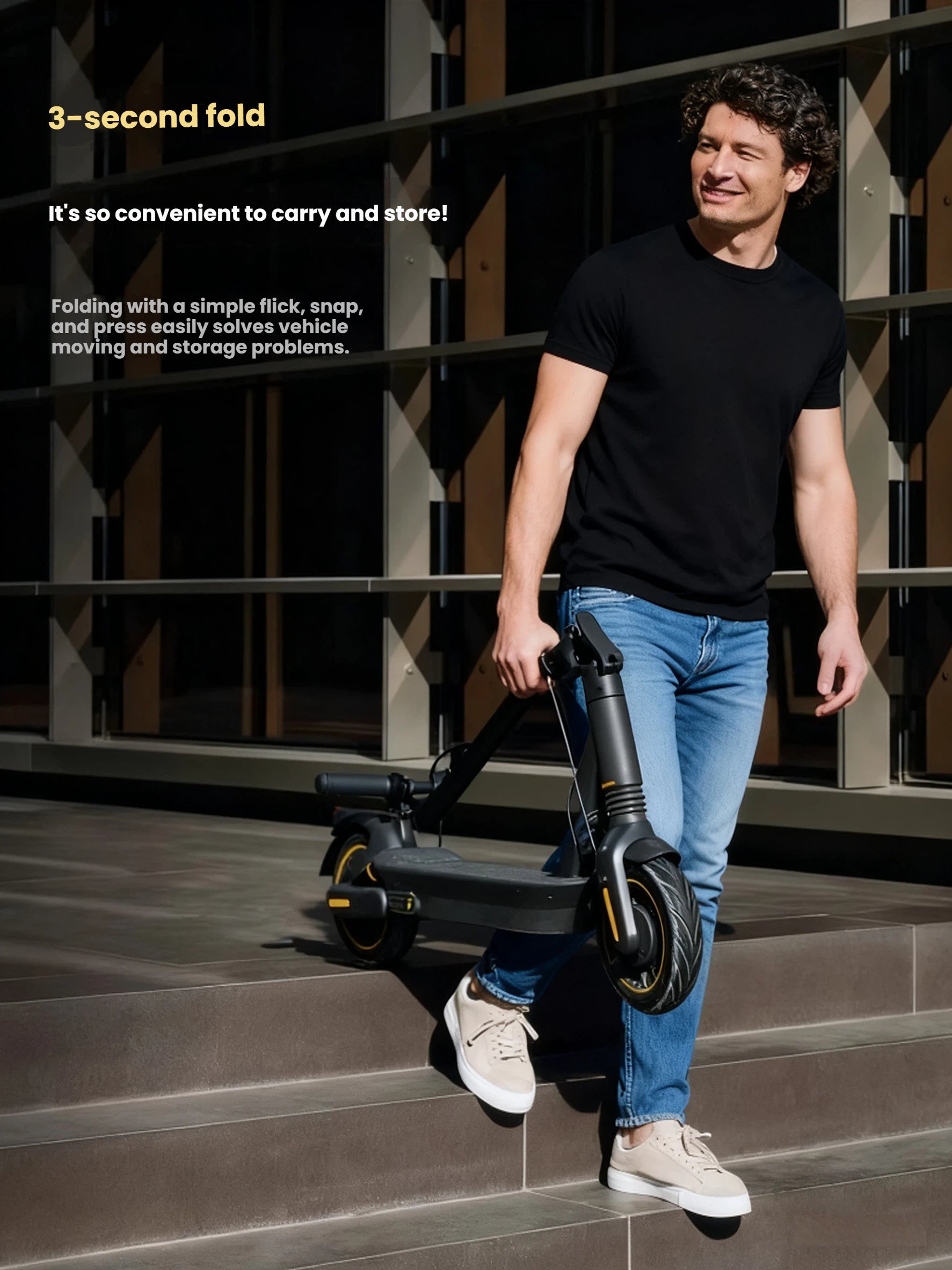 A man easily carrying the lightweight Segway MAX G2 electric scooter after using its convenient 3-second folding mechanism, demonstrating its portability.