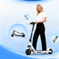 A woman standing with her white Segway E2 Plus scooter, with inset images demonstrating the scooter's easy folding mechanism for portability.