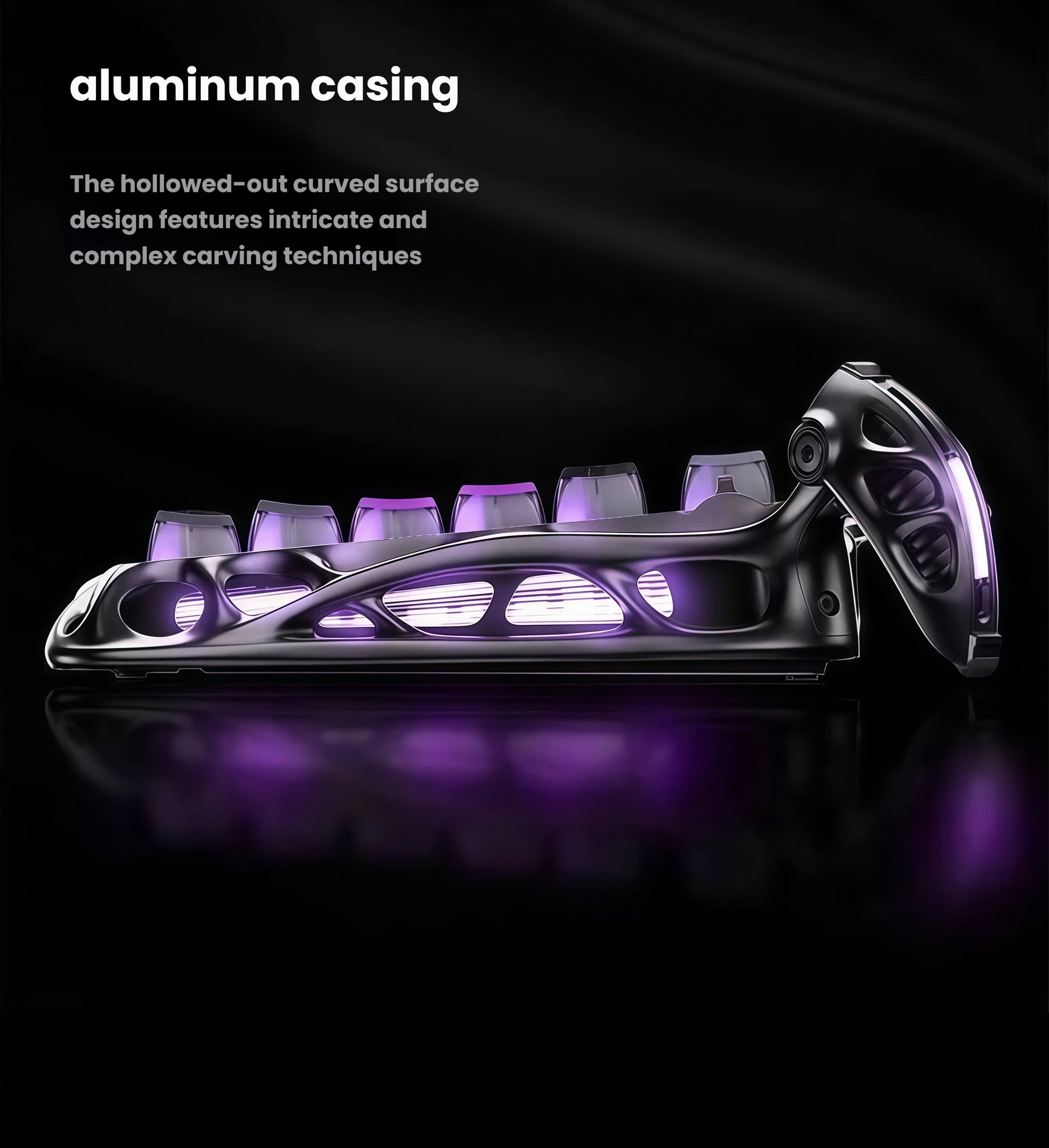 Detailed side profile of the GravaStar Mercury K1 Pro keyboard showing its premium hollowed-out aluminum casing with complex carving techniques and internal RGB lighting.