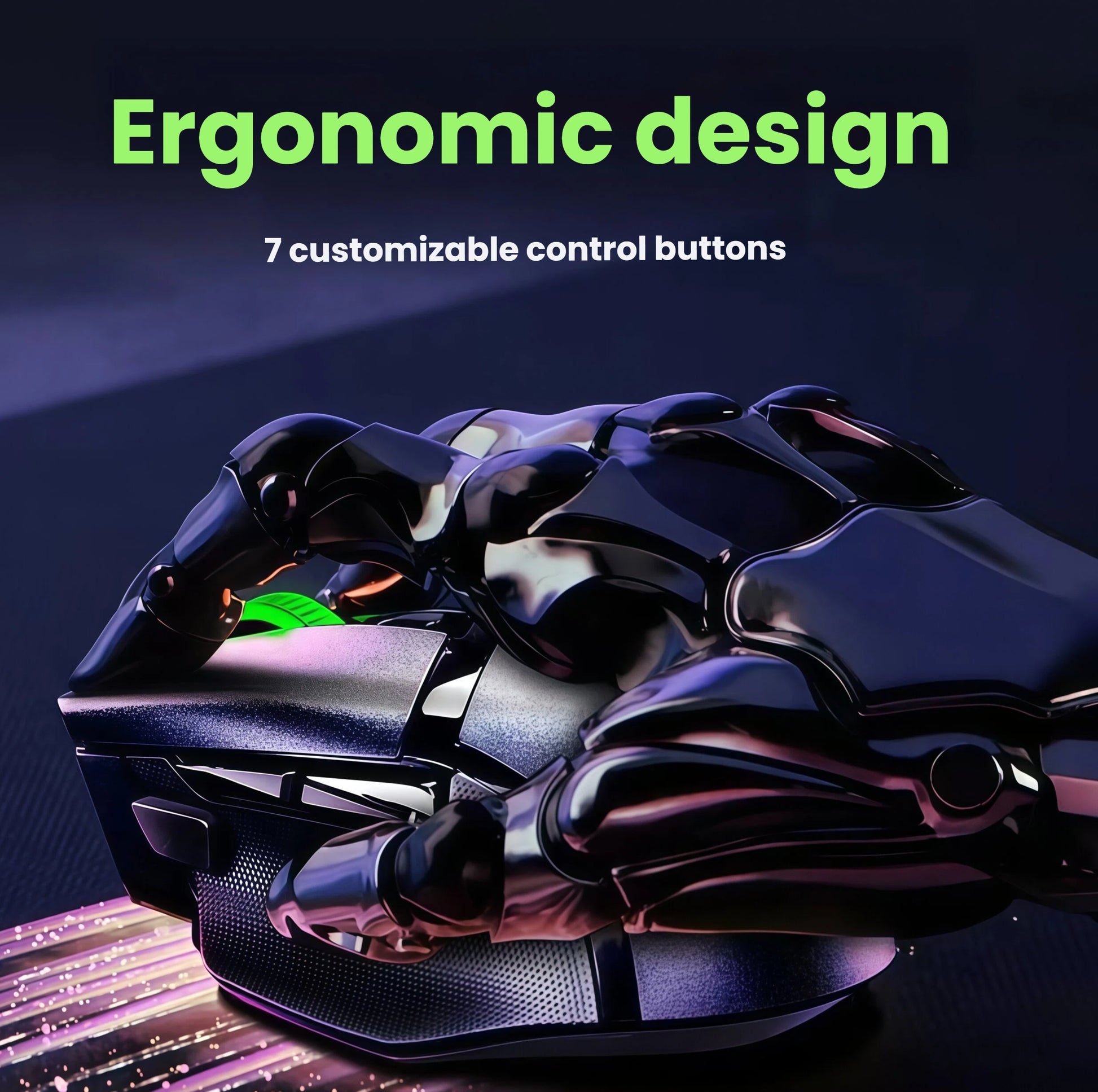 Ergonomic robotic hand gripping the Razer Basilisk V3 X gaming mouse, showcasing its contoured shape and 7 customizable control buttons. Designed for comfort and efficiency during extended gaming sessions.