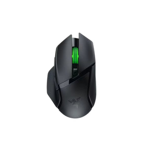 Top-down view of the Razer Basilisk V3 X gaming mouse featuring a sleek black matte finish, ergonomic shape, textured side grips, and glowing green scroll wheel. Designed for comfort and precision during long gaming sessions.