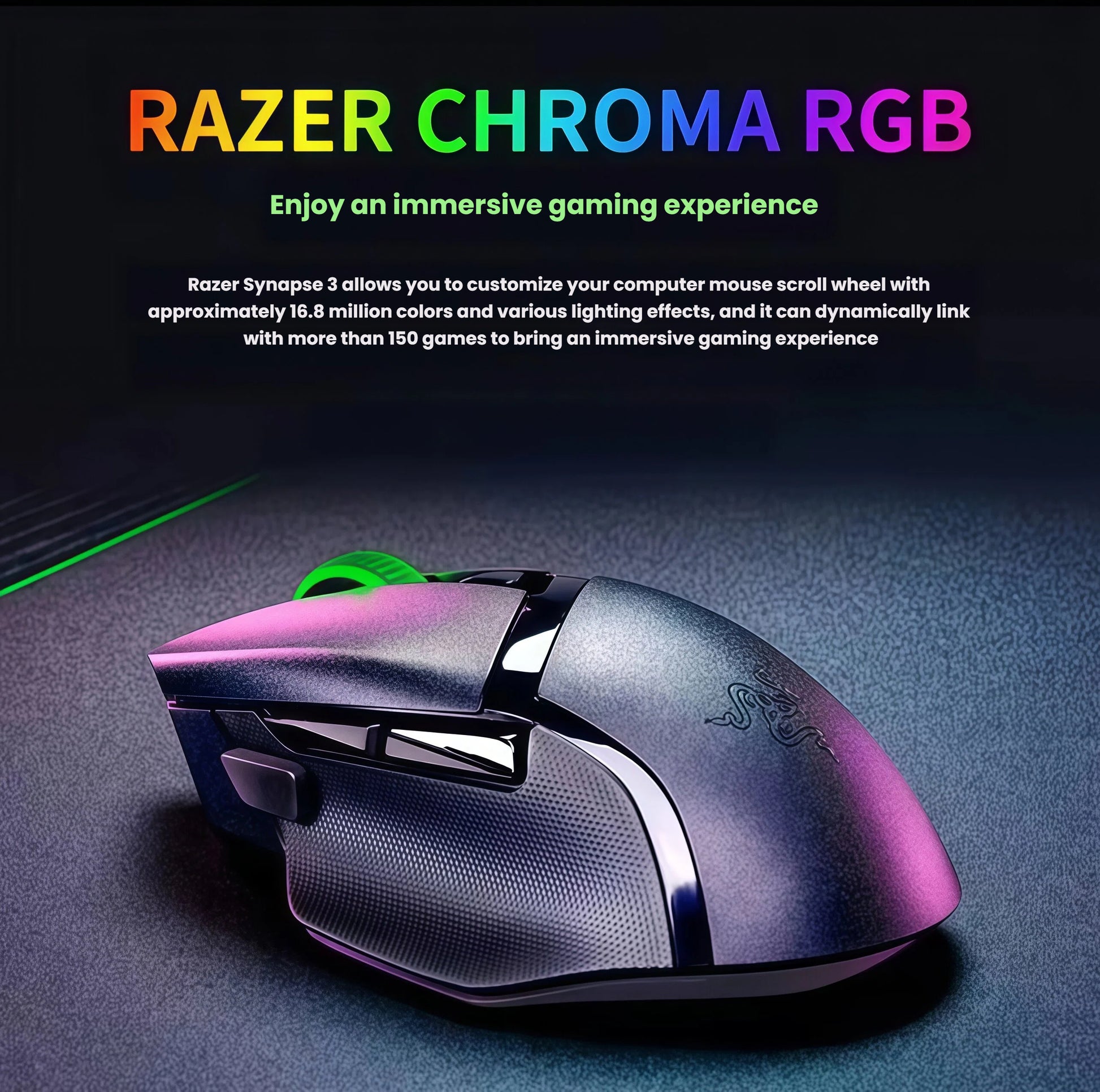 The Razer Basilisk V3 X gaming mouse features Razer Chroma RGB lighting with over 16.8 million colors and dynamic effects. Compatible with Razer Synapse 3, it syncs with more than 150 games for an immersive, personalized gaming experience.