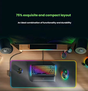 Top-down view of the Razer BlackWidow V4 75% mechanical gaming keyboard on a modern desk setup with RGB mouse, speakers, and monitor, highlighting its compact yet functional 75% layout ideal for gamers.