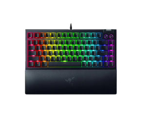Front view of the Razer BlackWidow V4 75% hot-swappable mechanical keyboard featuring full RGB backlighting, carbon fiber-textured base, and iconic Razer logo for premium gaming style.
