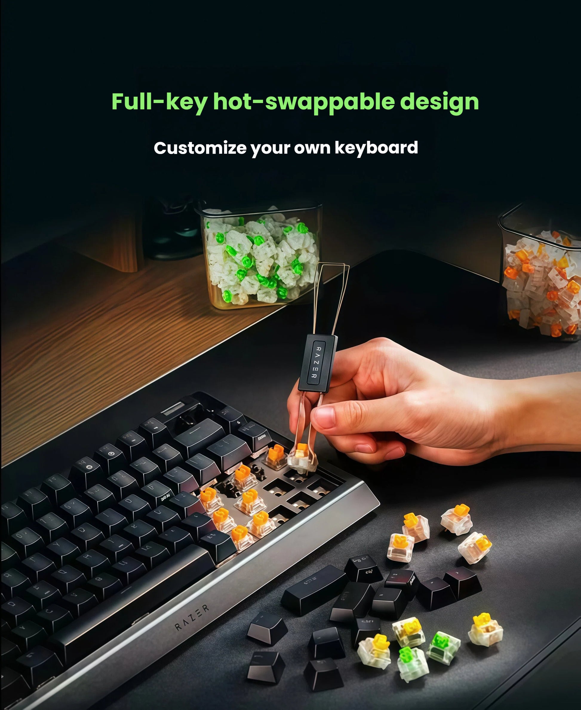 Person using a Razer keycap puller to replace switches on the Razer BlackWidow V4 75% keyboard, demonstrating full-key hot-swappable design for personalized tactile feedback and customization.
