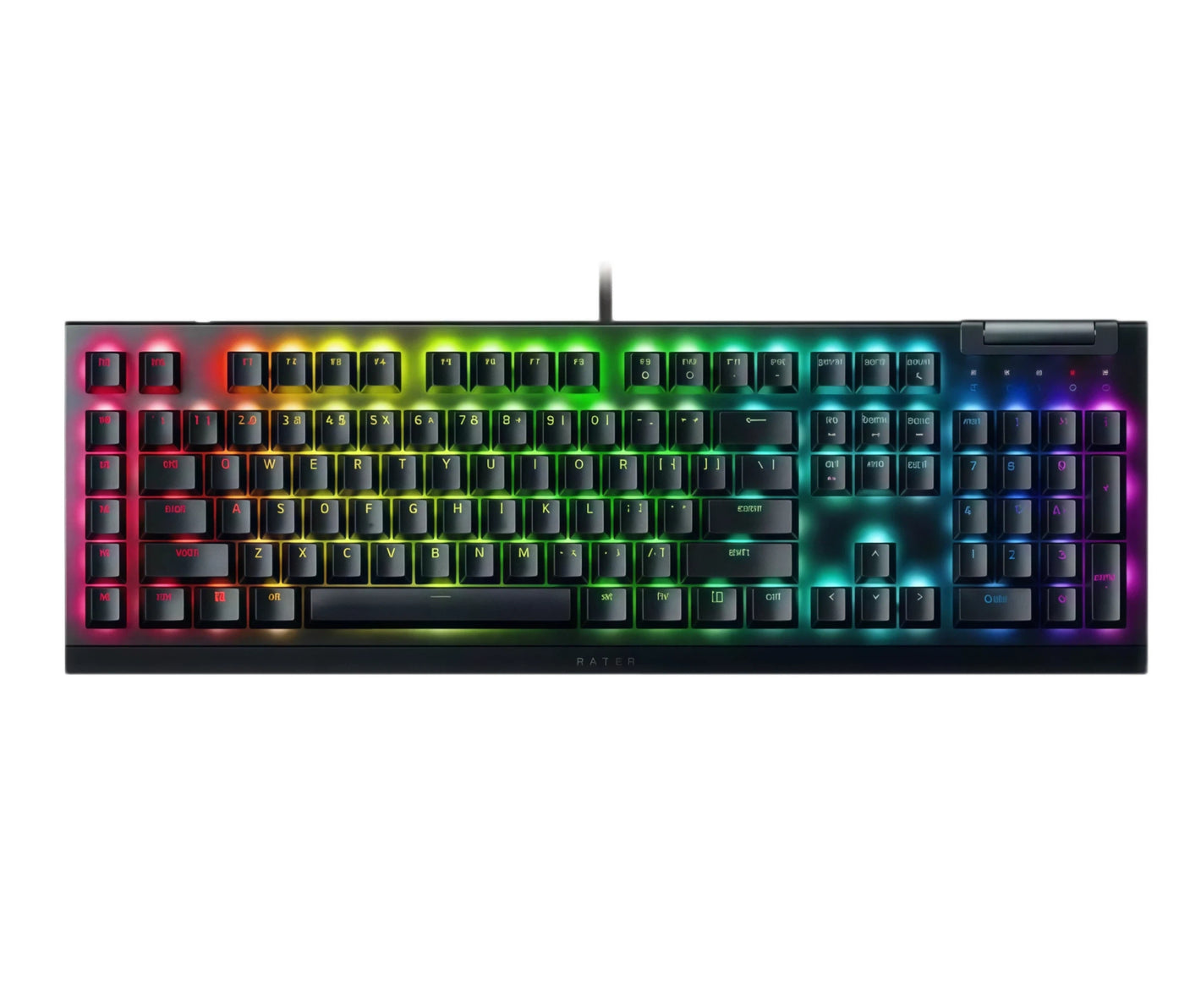 Front view of the Razer BlackWidow V4 X full-size mechanical gaming keyboard featuring vibrant Razer Chroma RGB backlighting, black matte finish, and illuminated keycaps with red, green, blue, and purple hues across the spectrum.