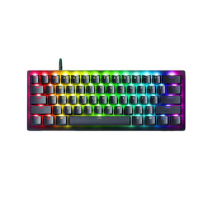 Front view of the Razer Huntsman V3 Pro Mini gaming keyboard in black, featuring vibrant rainbow RGB backlighting across all keys. Ultra-compact 60% form factor with optical mechanical switches, ideal for esports and desk space efficiency.